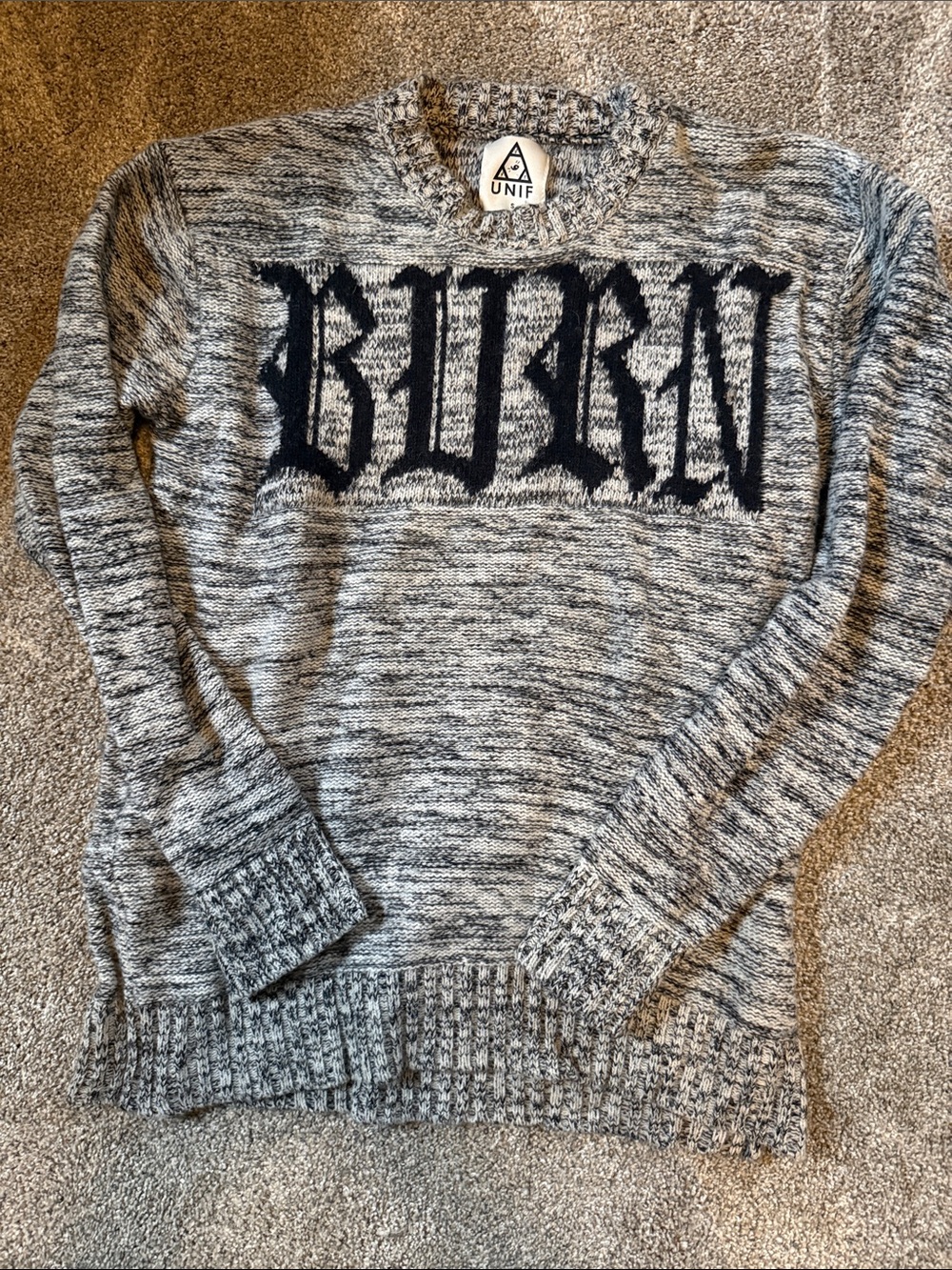 UNIF Gray Marled Crewneck Sweater with Black 'BURN' Logo burn out S unisex rare